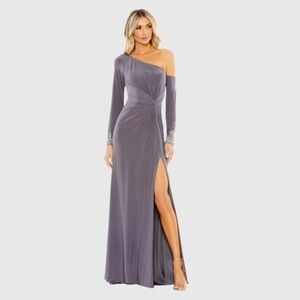 Mac Duggal 12489 NWT Gray Side Twist Drop Shoulder Beaded Cuff Gown